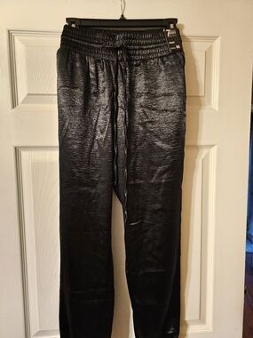 Black Women Drawstring Black Satin Jogger Pants